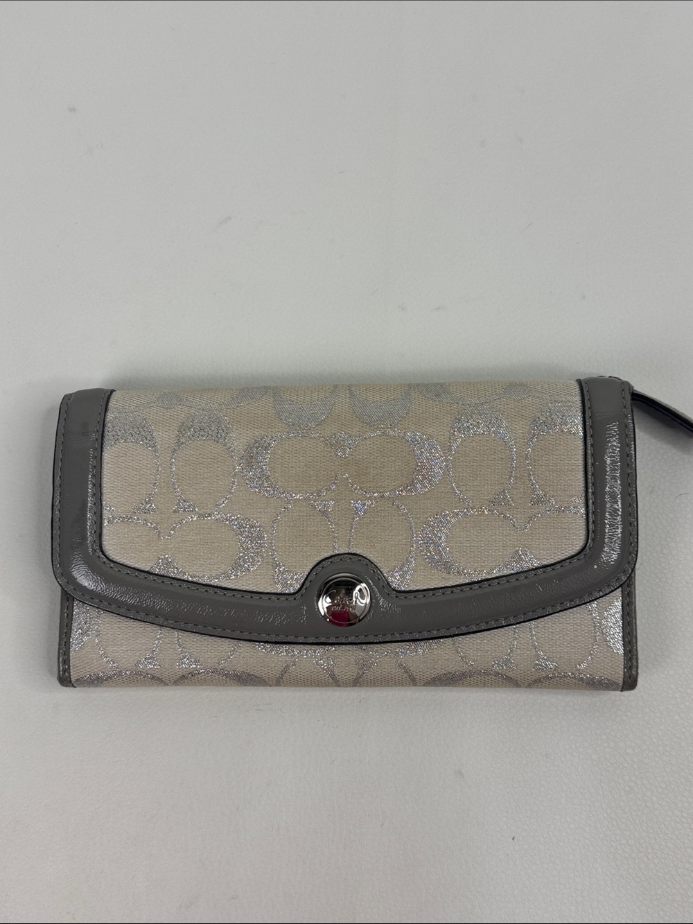 Coach Metallic Creme Silver & Gray Signature Continental Wallet Leather trim